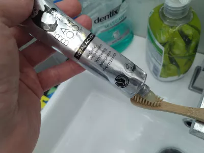 Meilleur jeu de dentifrice et de brosse &agrave; dents respectueux de l'environnement: Avis de marques dentaires : Appliquer Vegan Bam et Boo Dentifrice sur une brosse &agrave; dents de bambou